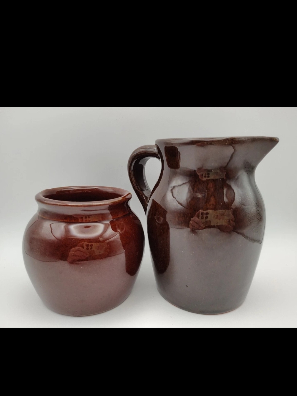 Vintage Brown Pottery Pitcher & USA Bean Pot Jar